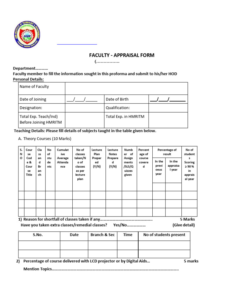 Faculty Appraisal Form for HMRITM | PDF