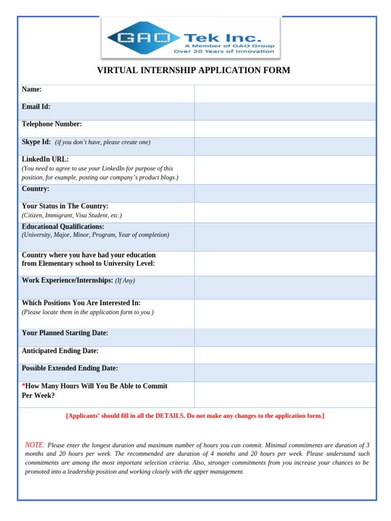 Virtual Internship Application Form | PDF