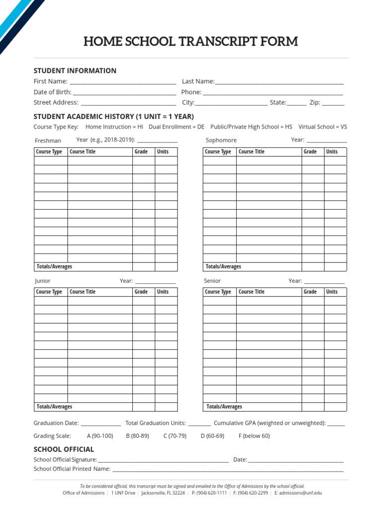 Home School Transcript Form Template | PDF