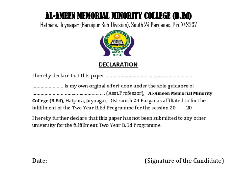 B.Ed Declaration - Al-Ameen College | PDF