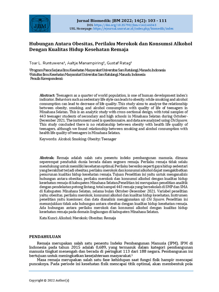 Obesitas, Merokok, dan Kualitas Hidup Remaja | PDF