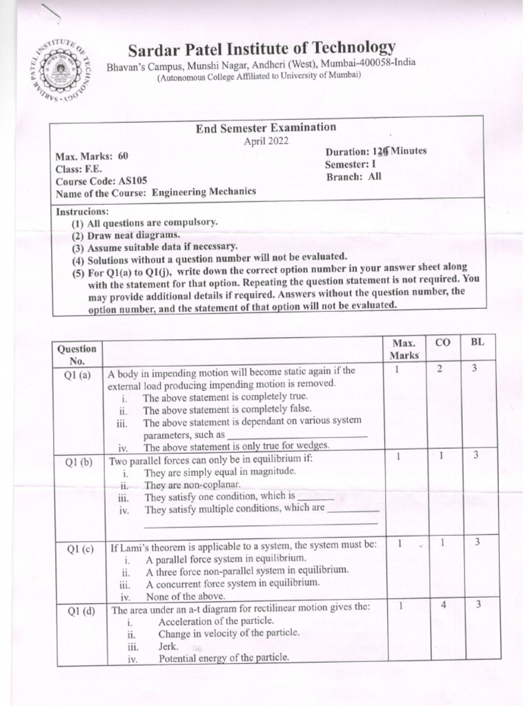 Engineering Mechanics 21st April 22 | PDF