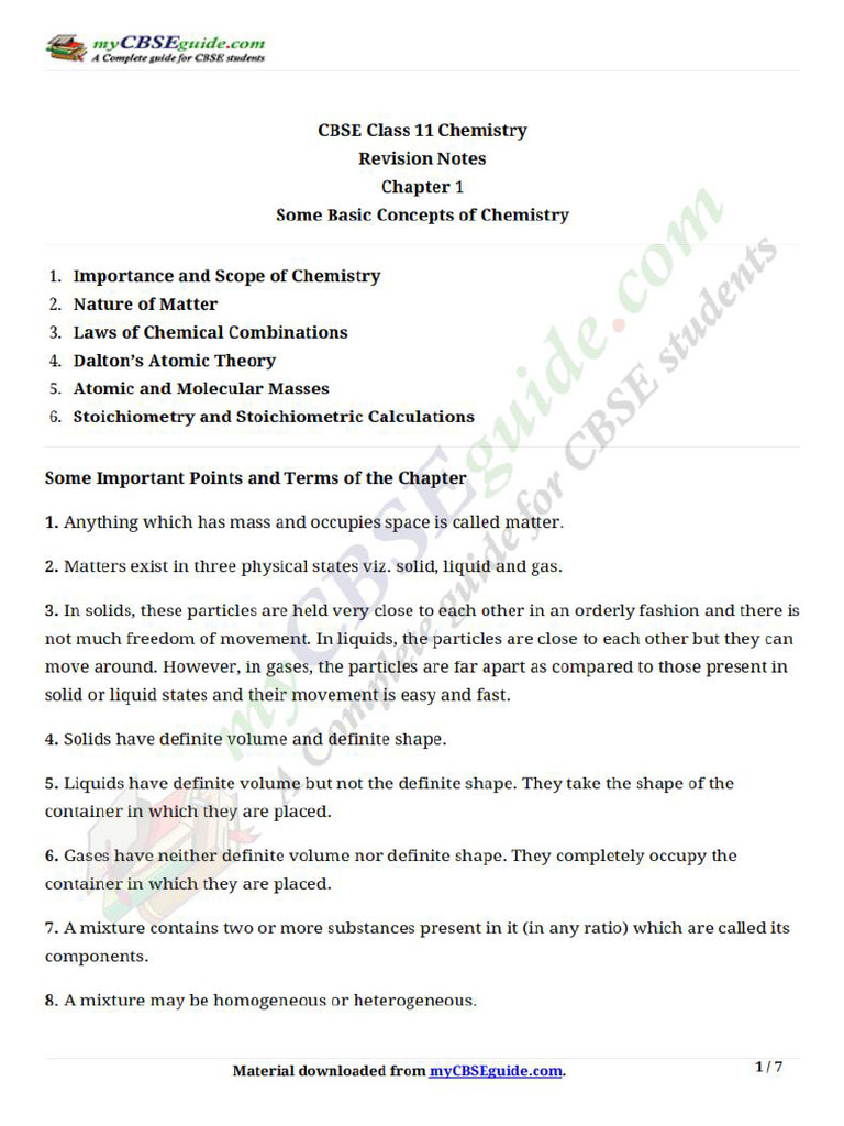 11 Chemistry Notes Ch01 Some Basic Concepts of Chemistry | PDF