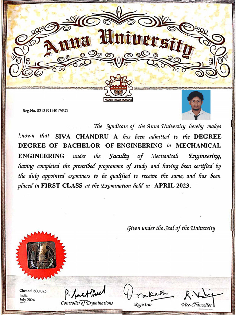 Siva Chandru's Engineering Degree Certificate | PDF