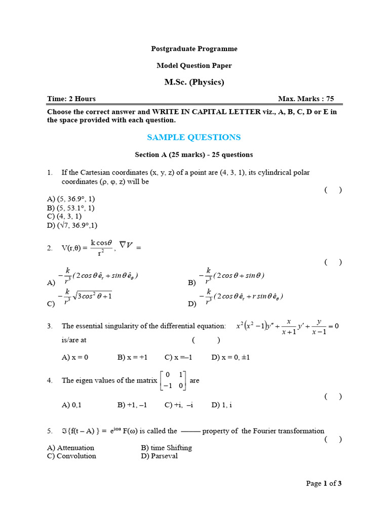 M.Sc. Physics Model Question Paper | PDF | Coordinate System | Physics