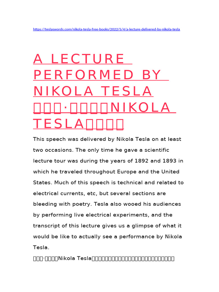 尼古拉- 特斯拉（Nikola Tesla）的演讲| PDF | Capacitor | Senses