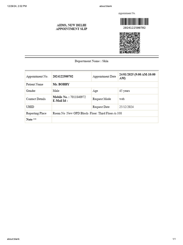 AIIMS Delhi Skin Appointment Slip | PDF