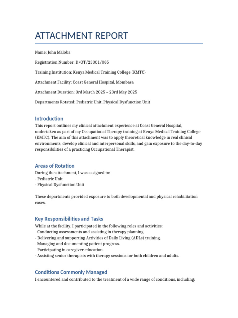 KMTC Attachment Report: John Maloba | PDF | Occupational Therapy ...