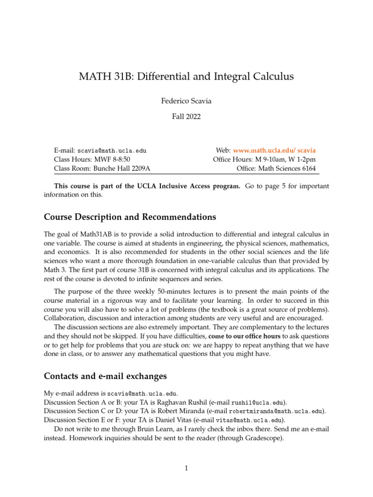 UCLA Math 31B Syllabus Overview | PDF | Integral | Calculus