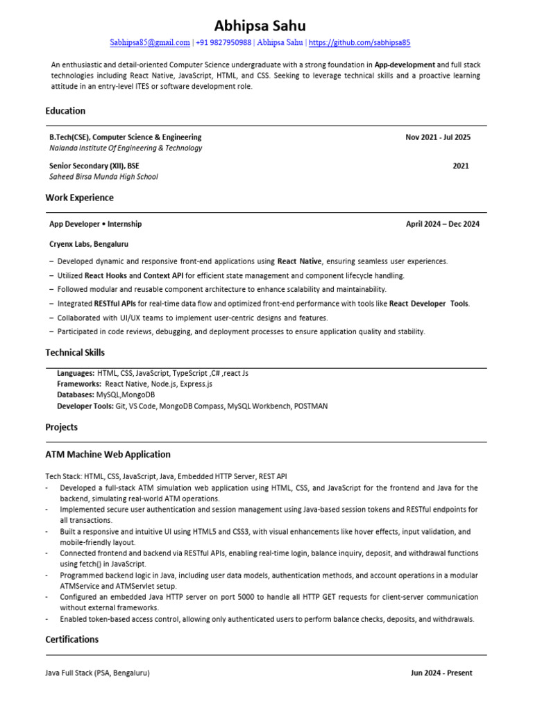 Abhipsa Sahu: Aspiring App Developer | PDF | Java Script | Java ...