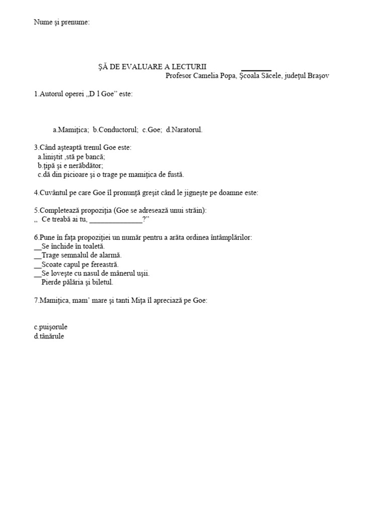 Fisa Evaluarea Lecturii Dl. Goe | PDF