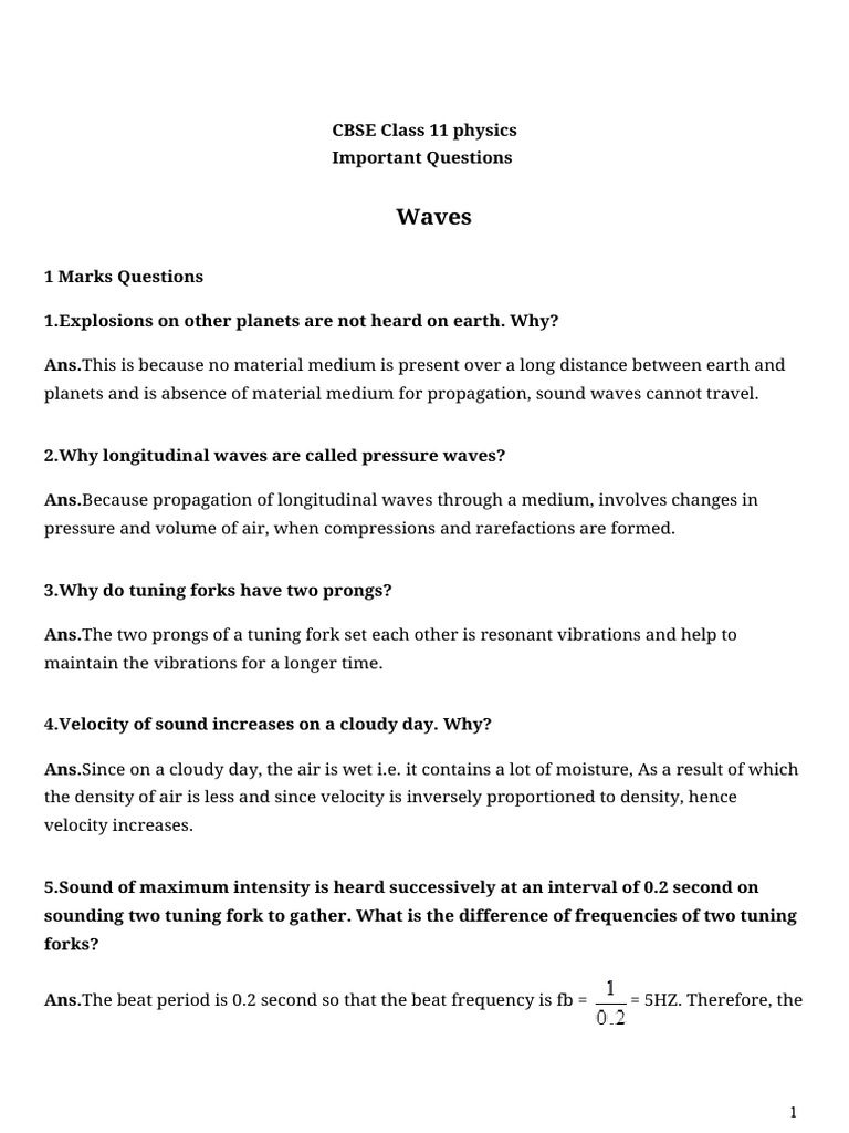 CBSE Class 11 Physics Waves Questions | PDF | Waves | Sound