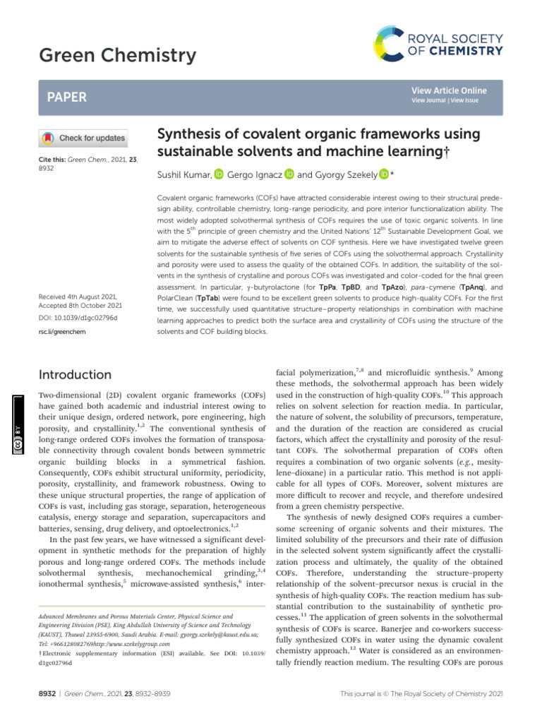 Sustainable COF Synthesis with Green Solvents | PDF | Applied And ...