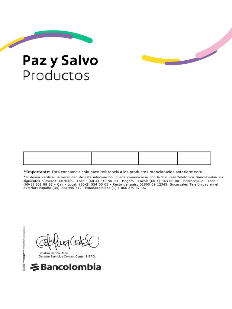 Certificación de Paz y Salvo Bancolombia | PDF