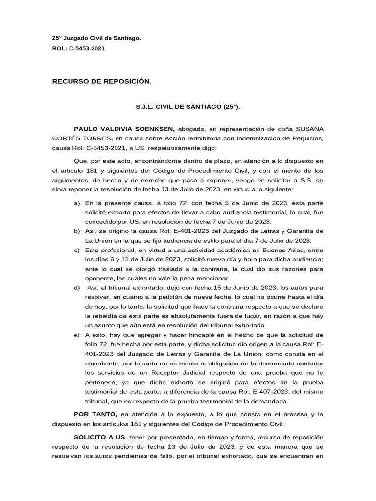 Recurso de Reposición en Acción Redhibitoria | PDF | Justicia | Crimen ...