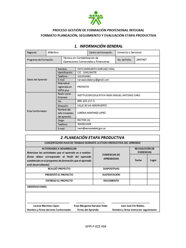 GFPI-F-023 Formato Planeacion, Seguimiento y Evaluacion Etapa Prod. | PDF