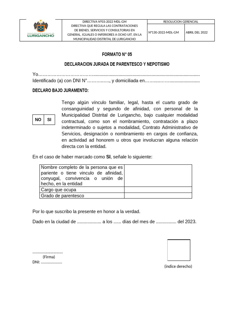 Declaración Jurada de Parentesco y Nepotismo | PDF