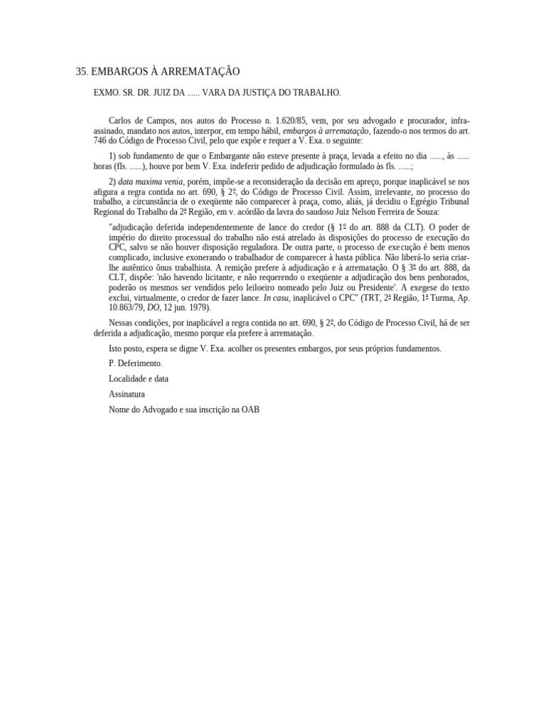 Embargos à Arrematação no Processo Trabalhista | PDF
