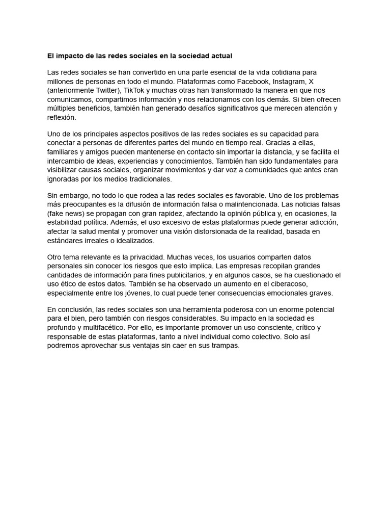 Impacto de las Redes Sociales en la Sociedad | PDF