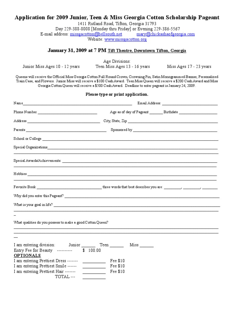 2009 Miss Georgia Cotton Pageant Application | PDF | Leisure | Business