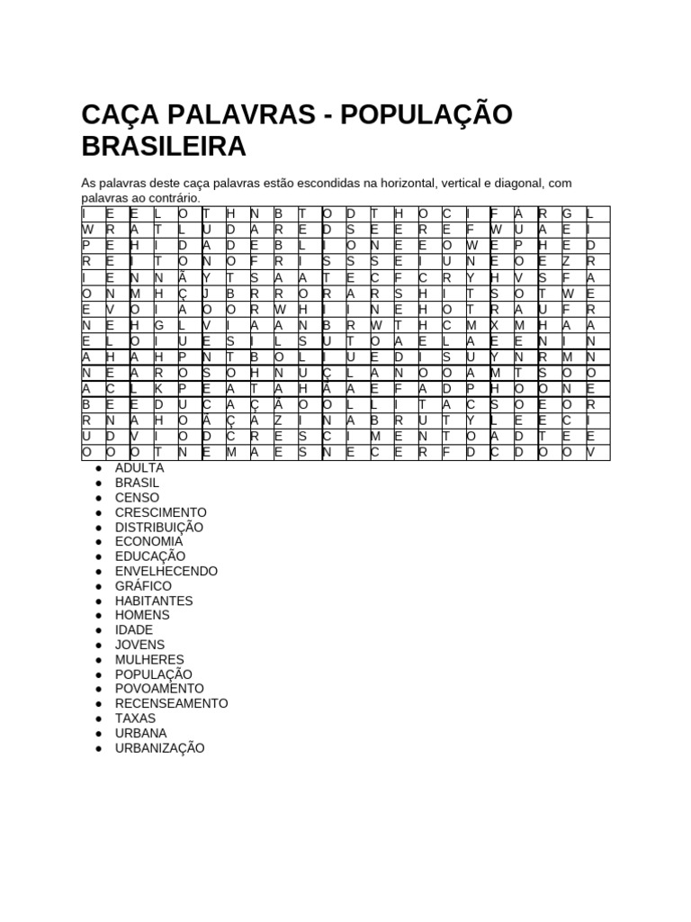 Caça Palavras: População Brasileira | PDF