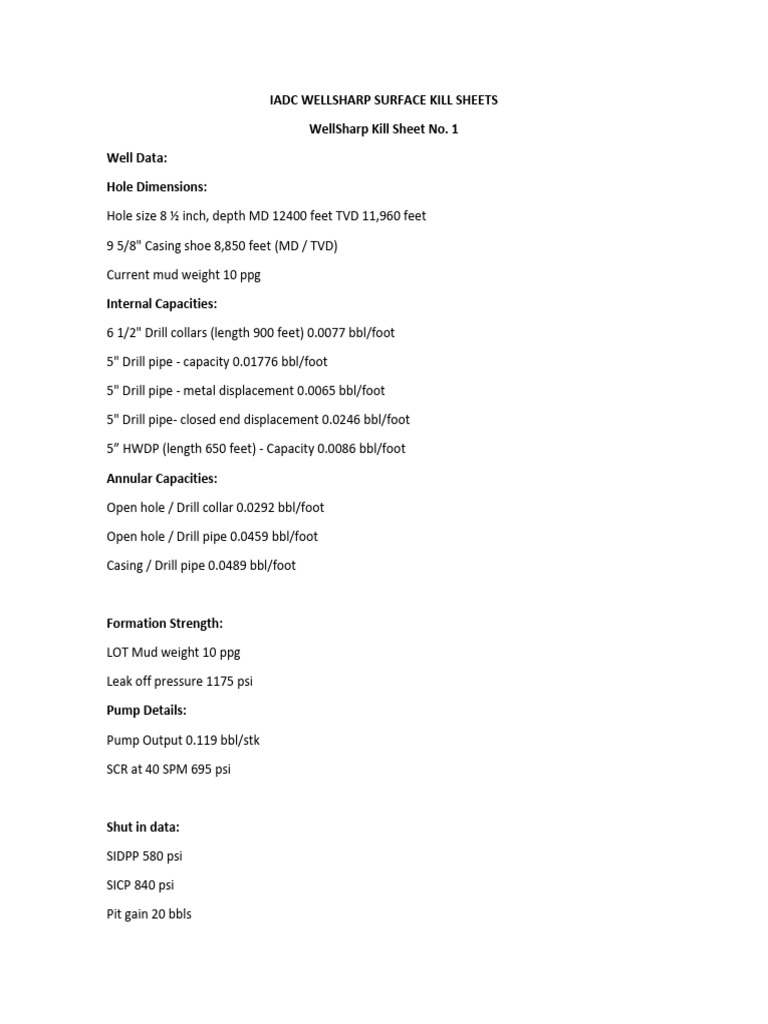 IADC WellSharp Kill Sheet Overview | PDF | Casing (Borehole) | Drill