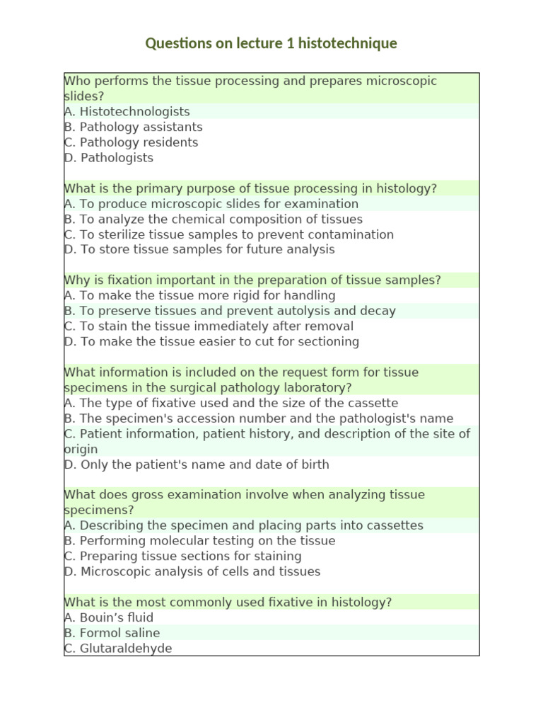 Histotechnique Lecture 1 Questions | PDF | Fixation (Histology) | Histology