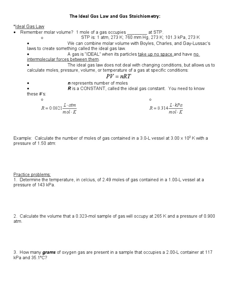 The Ideal Gas Law and Gas Stoichiometry Hon) PDF Gases Mole (Unit)