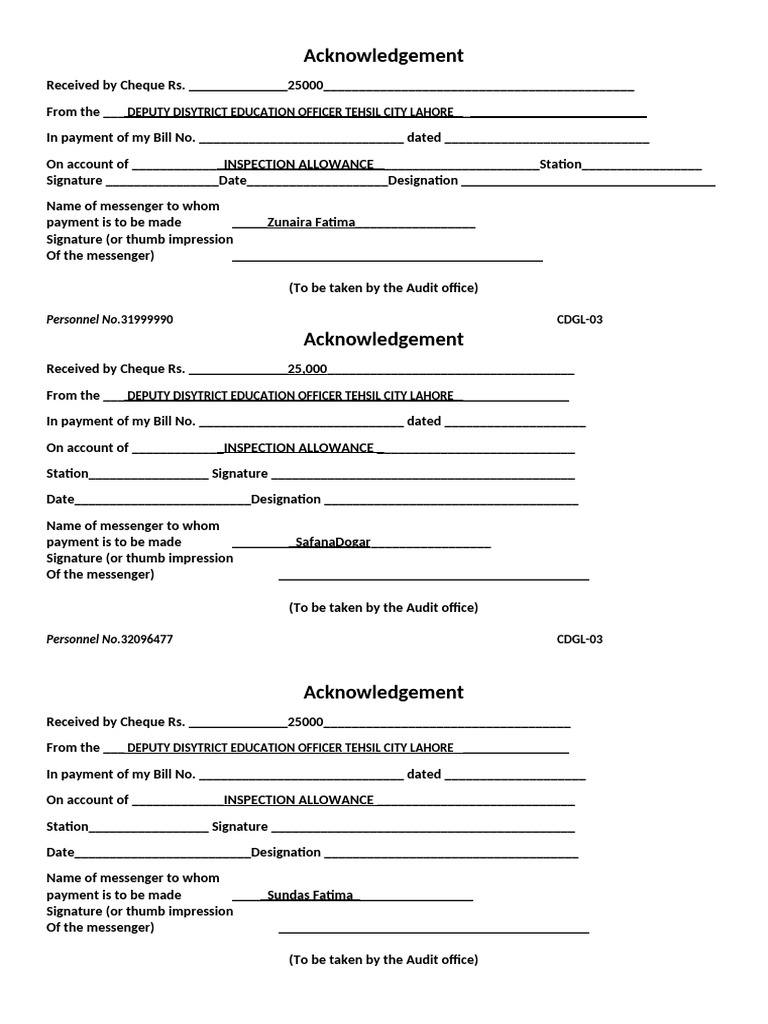 Inspection Allowance Payment Acknowledgements | PDF | Payments ...