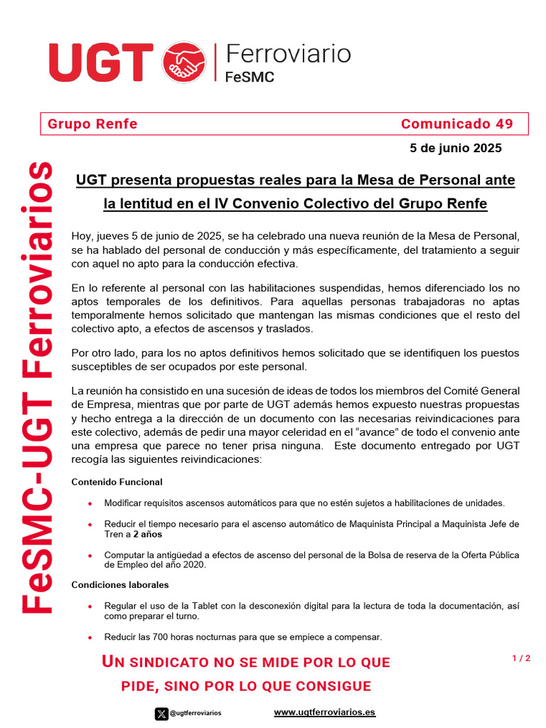 Propuestas de UGT para el IV Convenio Renfe | PDF