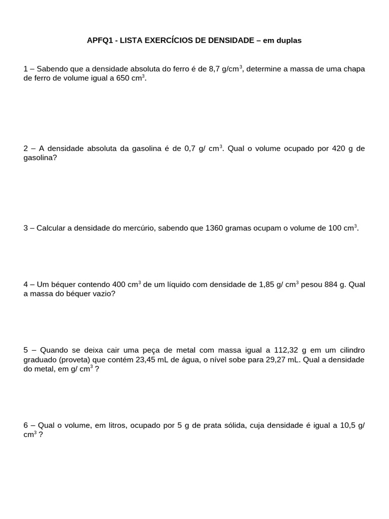 Exercícios Práticos de Densidade | PDF