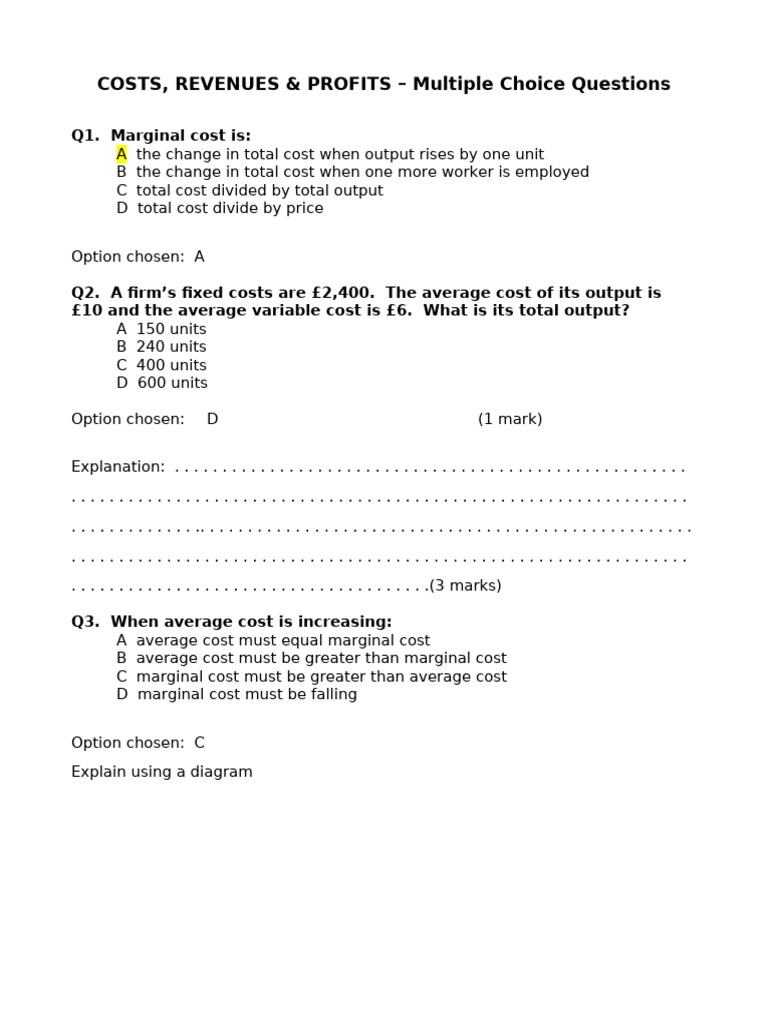 MCQs on Costs, Revenues & Profits | PDF | Marginal Cost | Profit ...