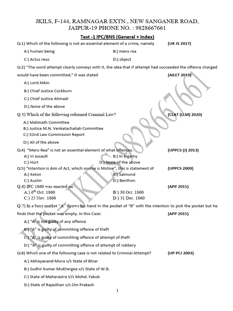 IPC/BNS Test Questions and Answers | PDF | Mens Rea | Criminology