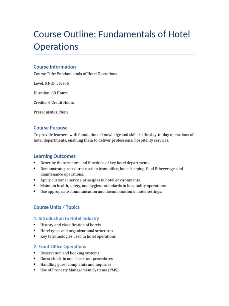 Fundamentals of Hotel Operations Course Outline | PDF | Housekeeping ...