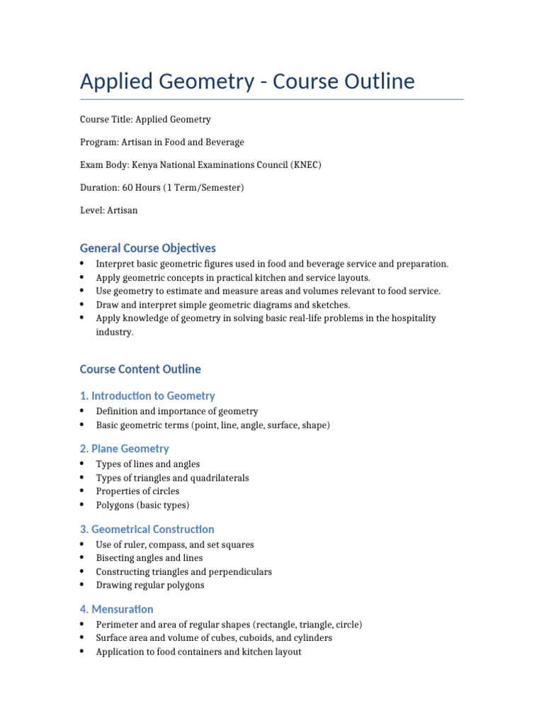 Applied Geometry Course Outline KNEC | PDF