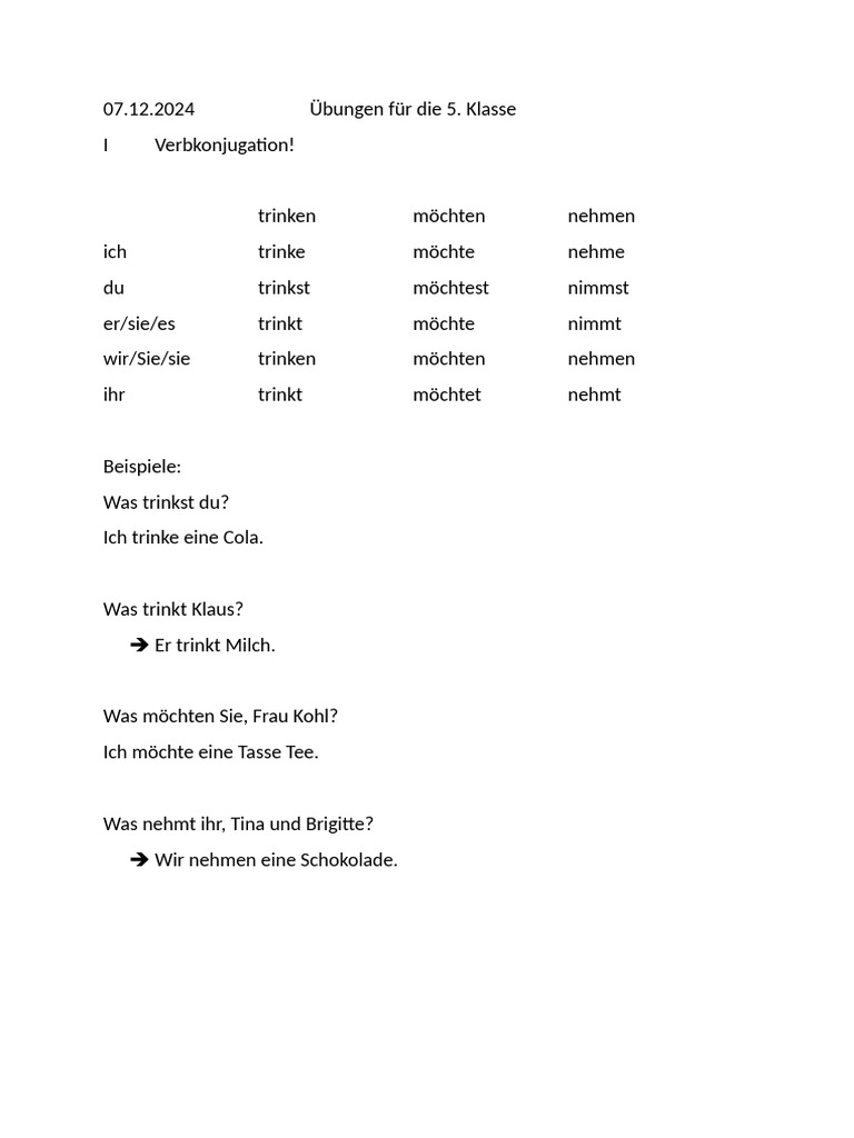 German Exercises For Class 5 | PDF