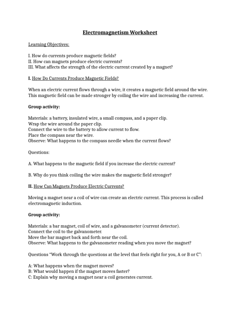 Electromagnetism Worksheet Activities | PDF | Magnetic Field | Magnet