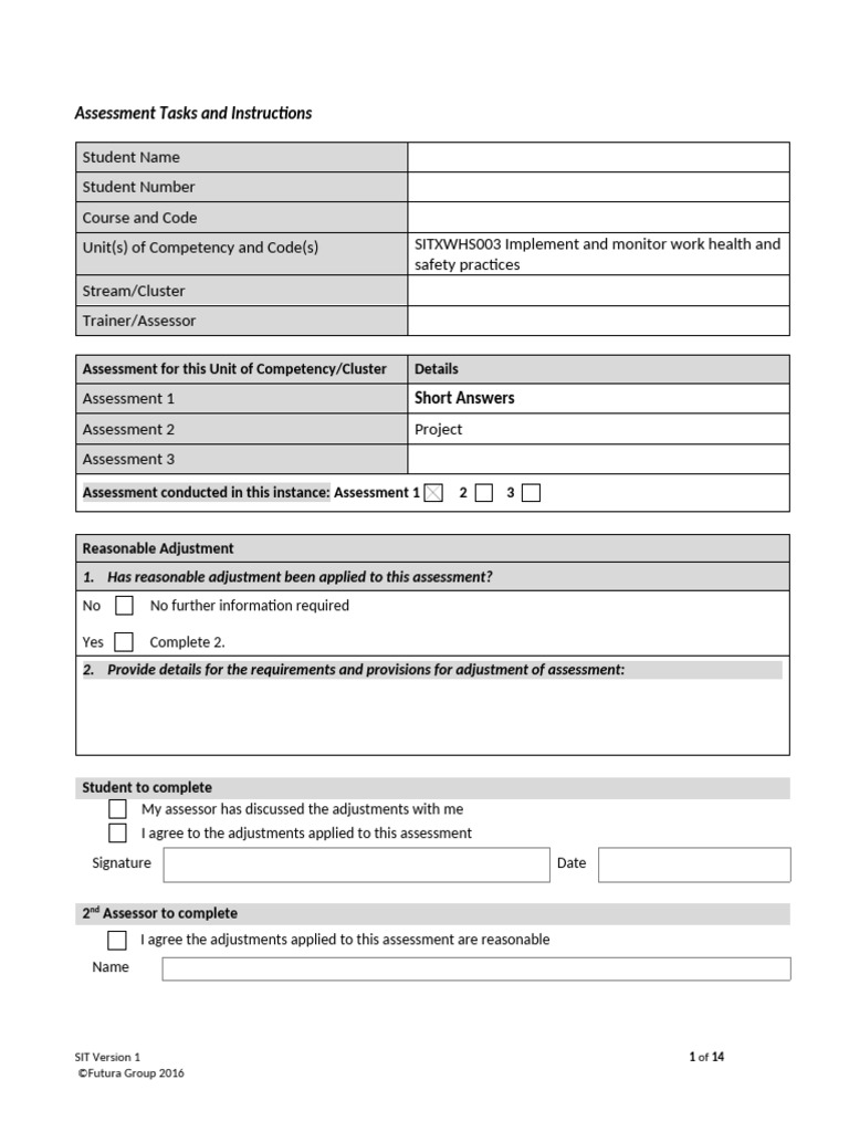 SITXWHS003 Assessment 1 - Short Answer | PDF | Occupational Safety And ...