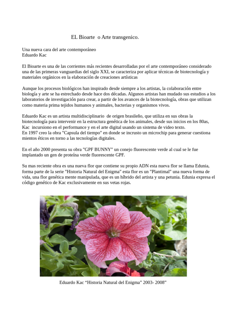 Bioarte: Edunia y la vida transgénica | PDF | Biología | Ciencias de la ...