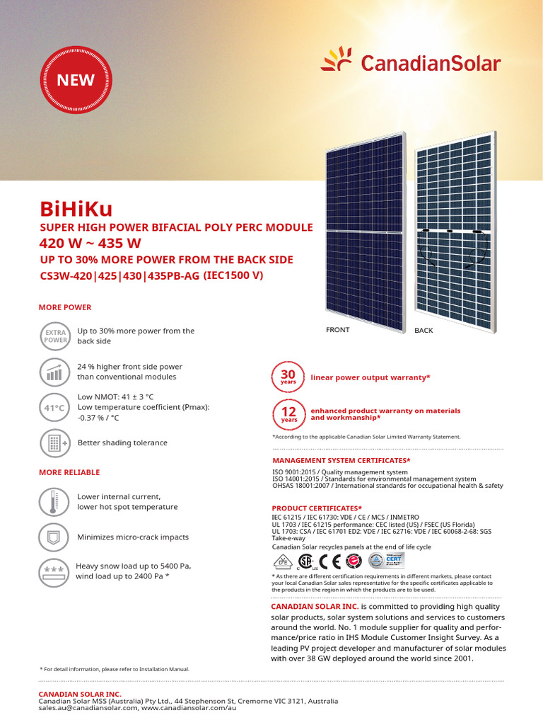 Canadian Solar BiHiKu Modules Overview | PDF | Solar Panel | Electricity