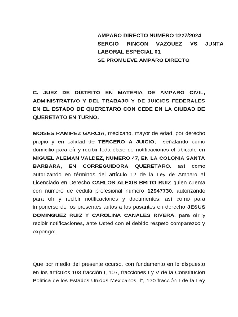 Amparo Directo 1227/2024 en Querétaro | PDF | Caso de ley | Demanda ...