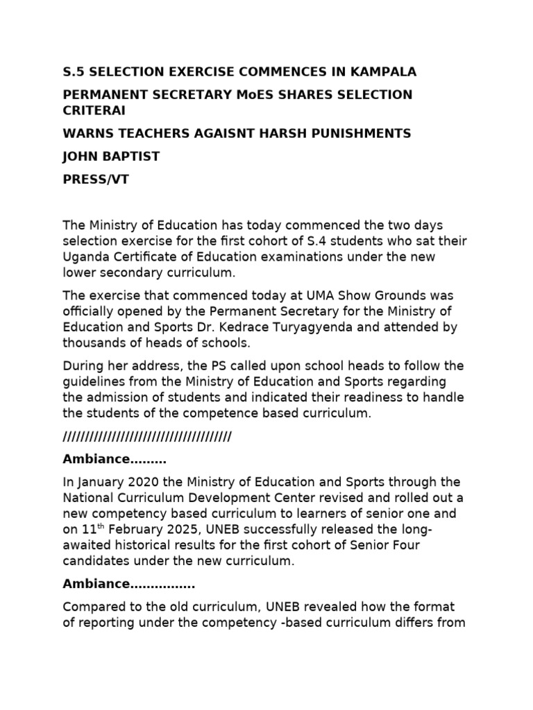 S.5 Selection Criteria by Dr. Turyagyenda | PDF | Curriculum