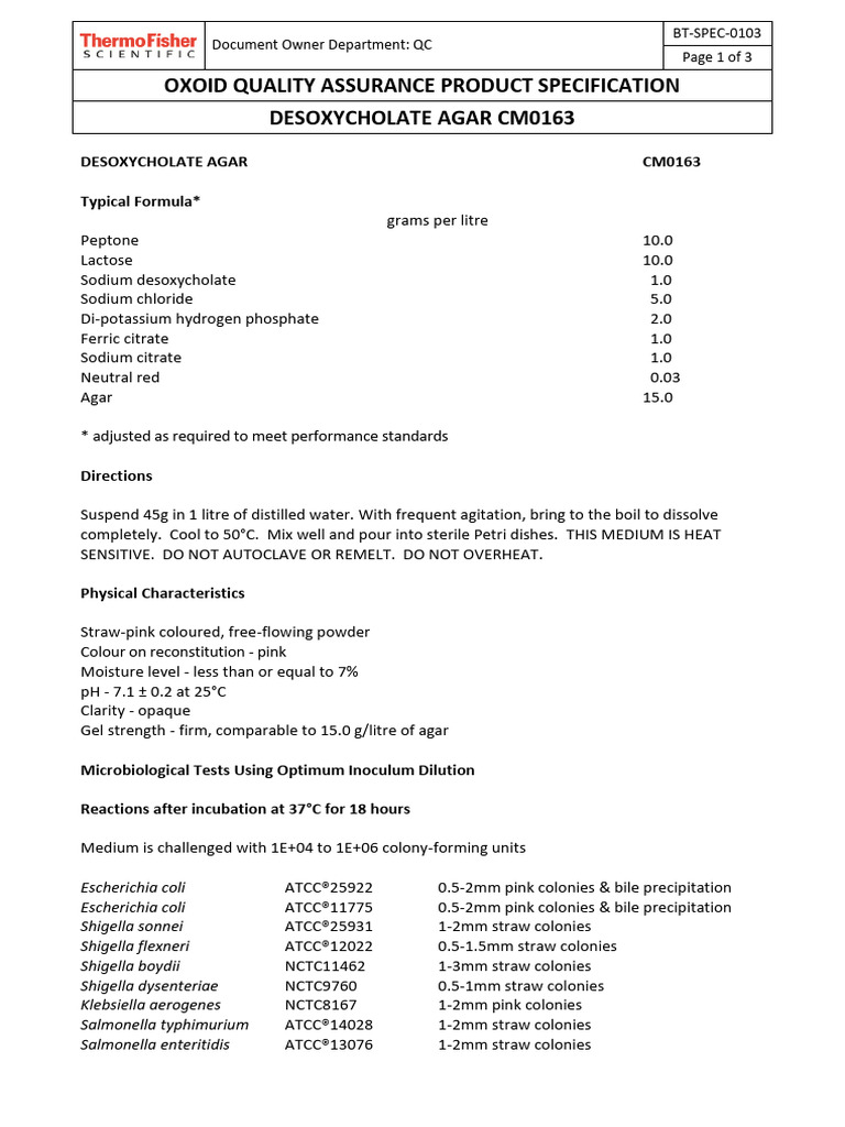 DESOXYCHOLATE AGAR PS-CM0163-V2 | PDF | Agar | Microbiology
