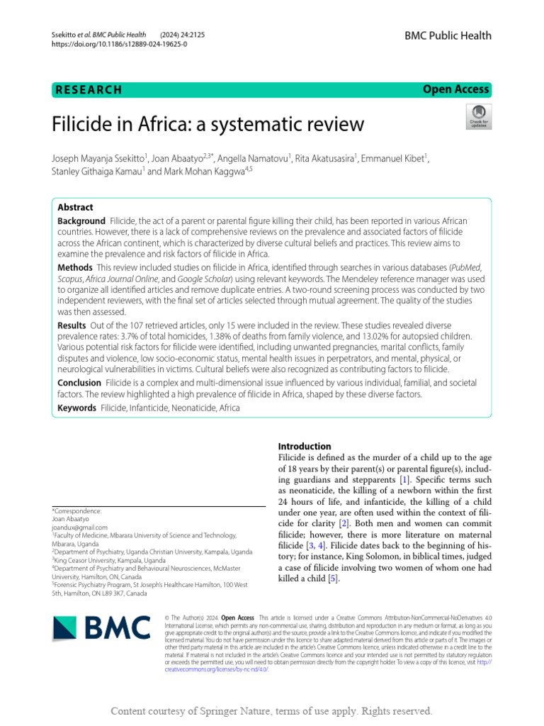 Filicide in Africa A Systematic Review | PDF | Violence | Systematic Review