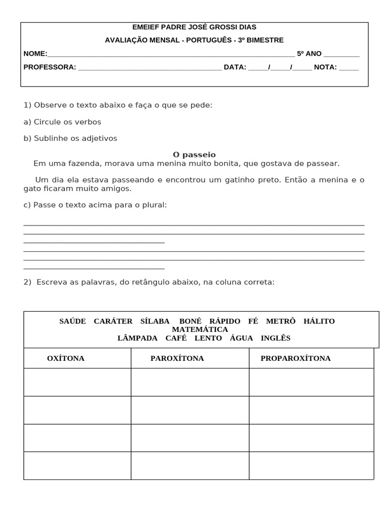 Avaliação de Português - 5º Ano | PDF | Famílias linguísticas