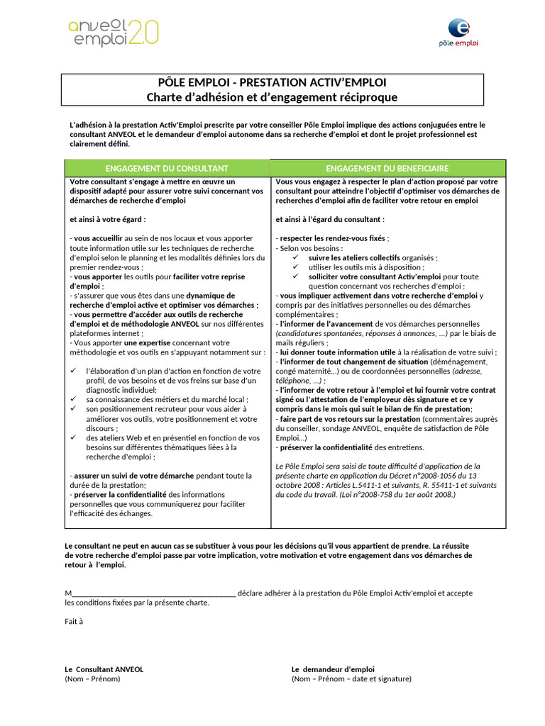 Charte d'adhésion Activ'Emploi ANVEOL | PDF