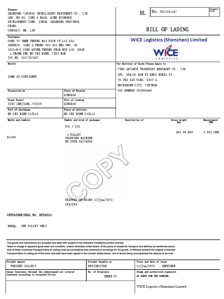 House BL (Copy) WSZ2501107 - 3 | PDF | Cargo | Bill Of Lading