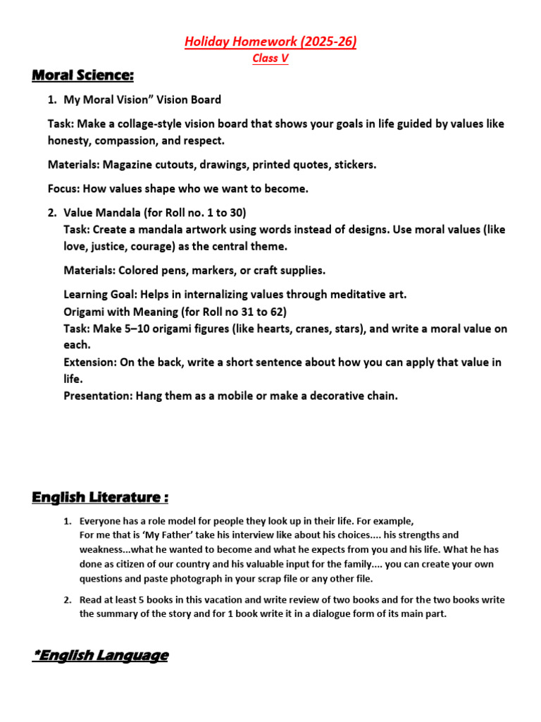 Class V Holiday Homework Overview | PDF
