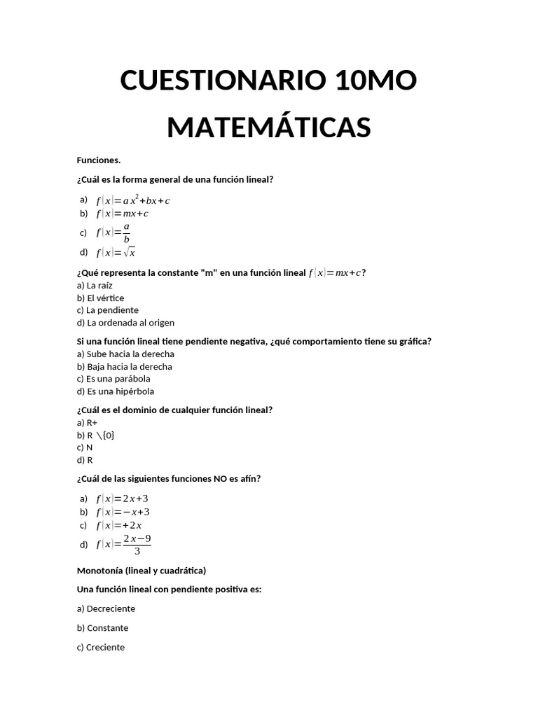 Cuestionario de Matemáticas 10mo grado | PDF | Ecuaciones | Pendiente