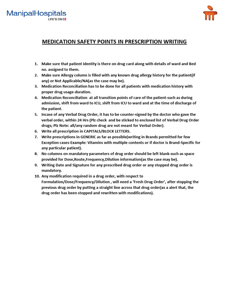 Medication Safety Points in Prescription Writing | PDF